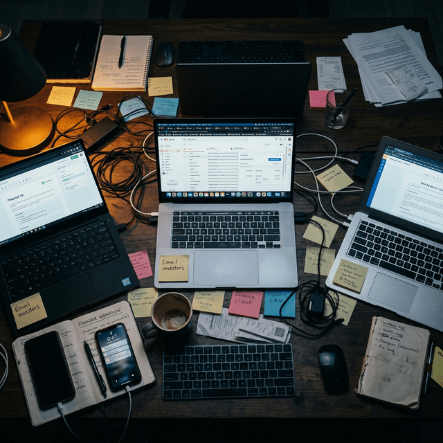 Chaotic founder desk with multiple tools and subscriptions — the problem FounderBox solves